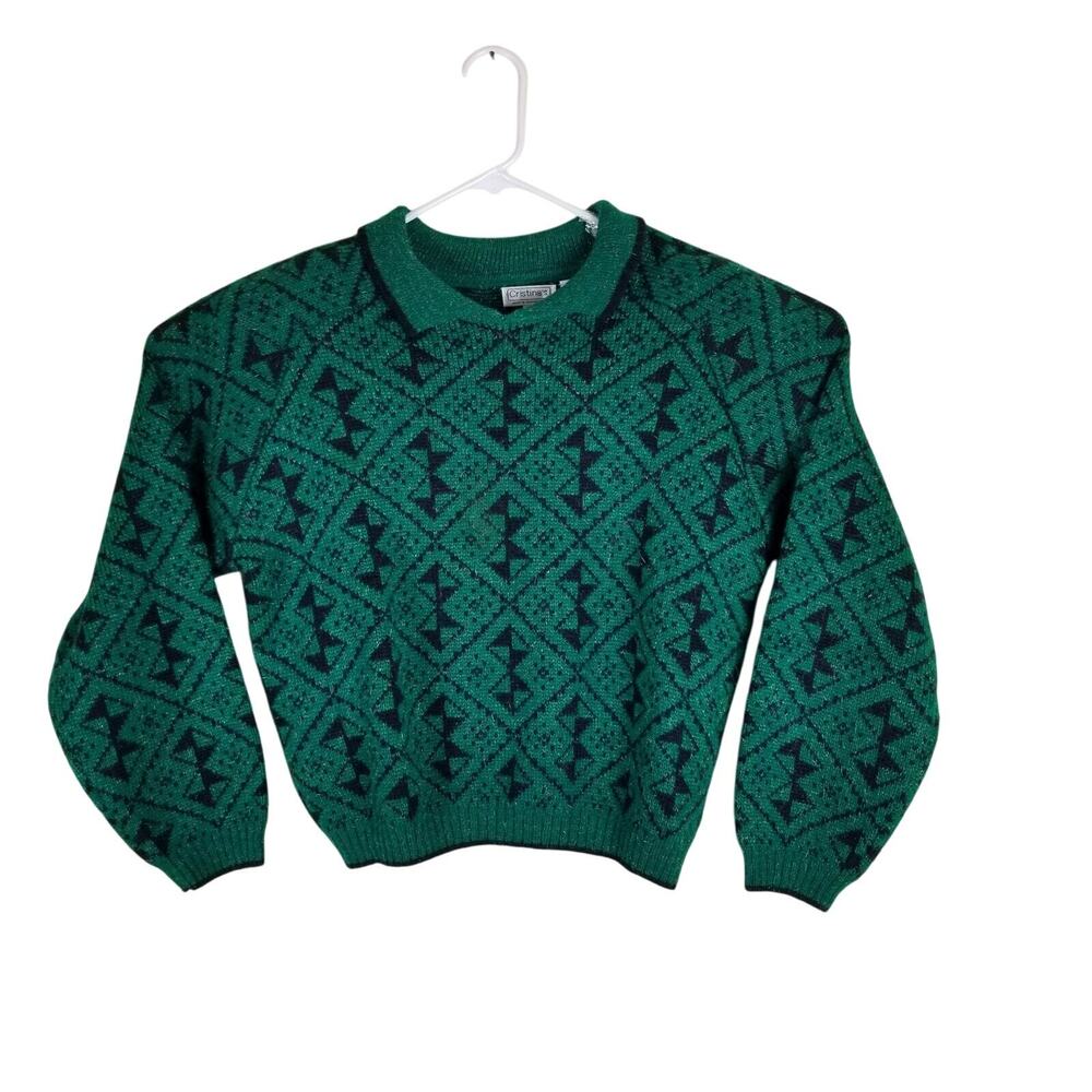 Cristina Women's Large Pullover Long Sleeve Cropped Sweater Green With Collar
